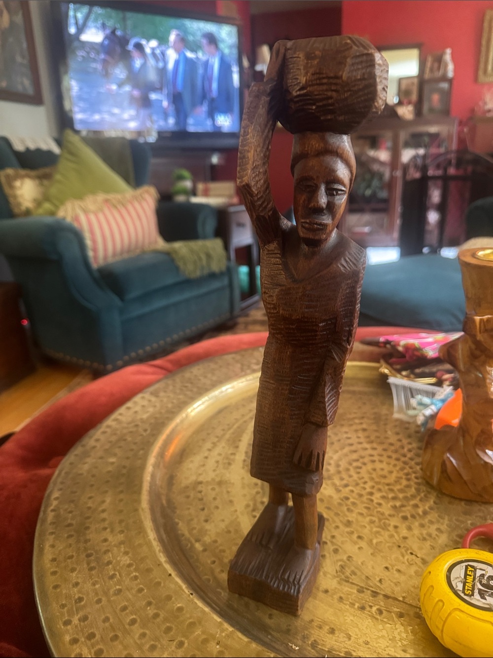 Hand Crafted Dark Brown Carved Wood Woman with Basket Sculpture
